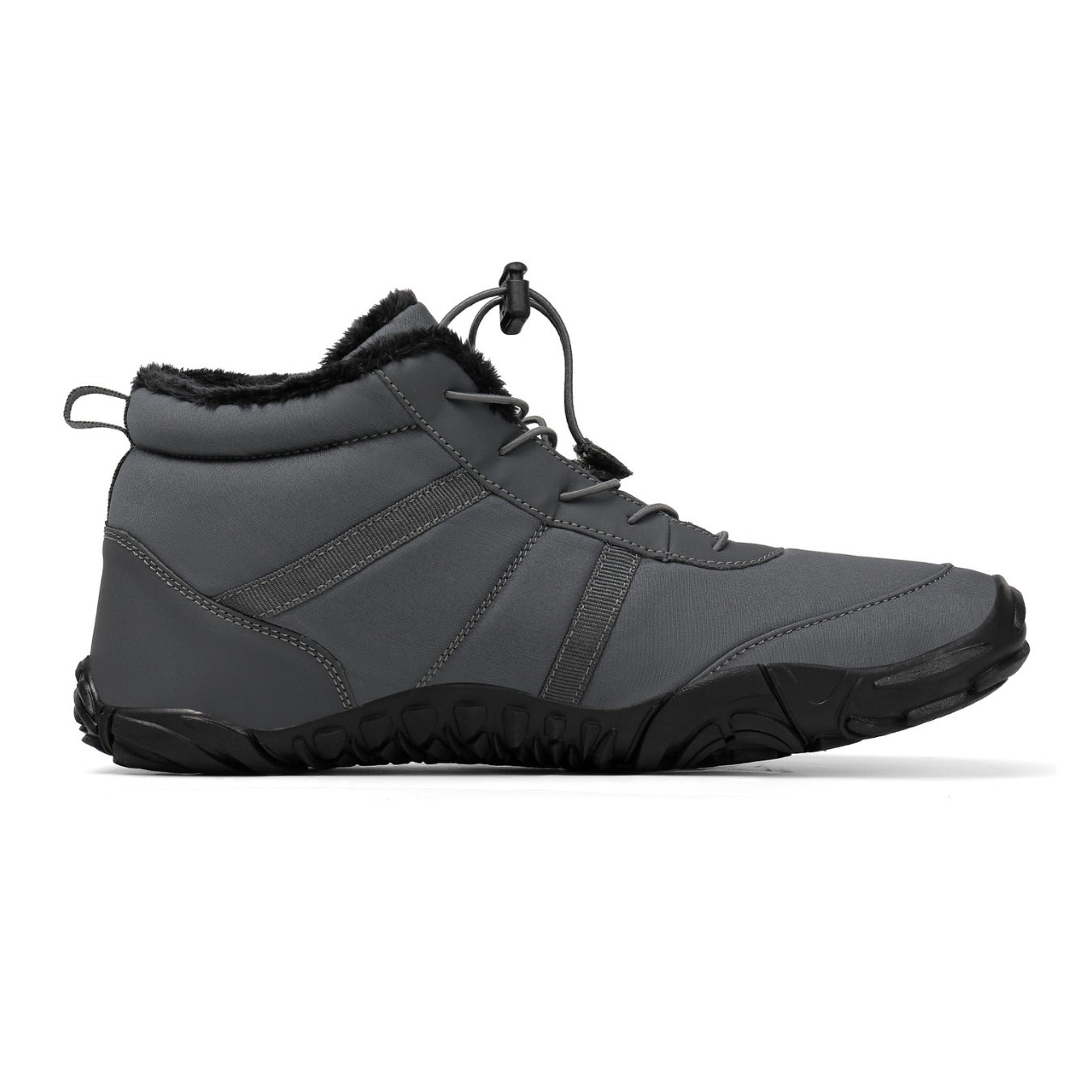 Gray winter boot with black sole on a white background