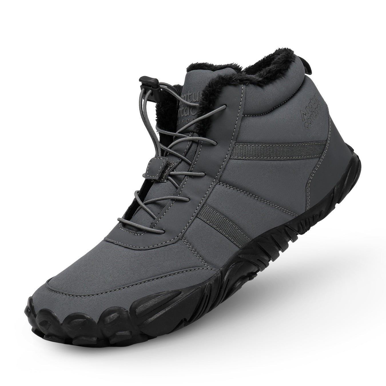 Gray winter boot with black sole on a white background