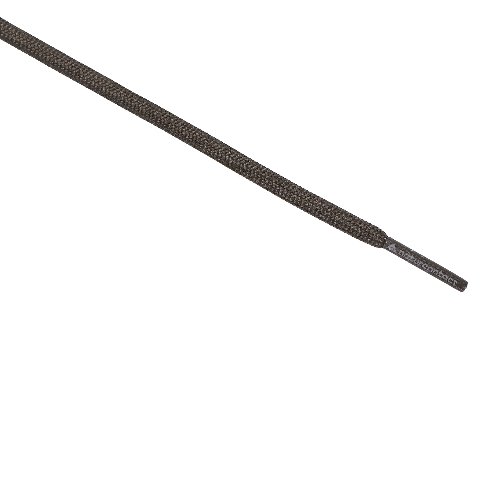 Detailed view of a tightly woven brown shoelace showing the textured braid and printed aglet tip.