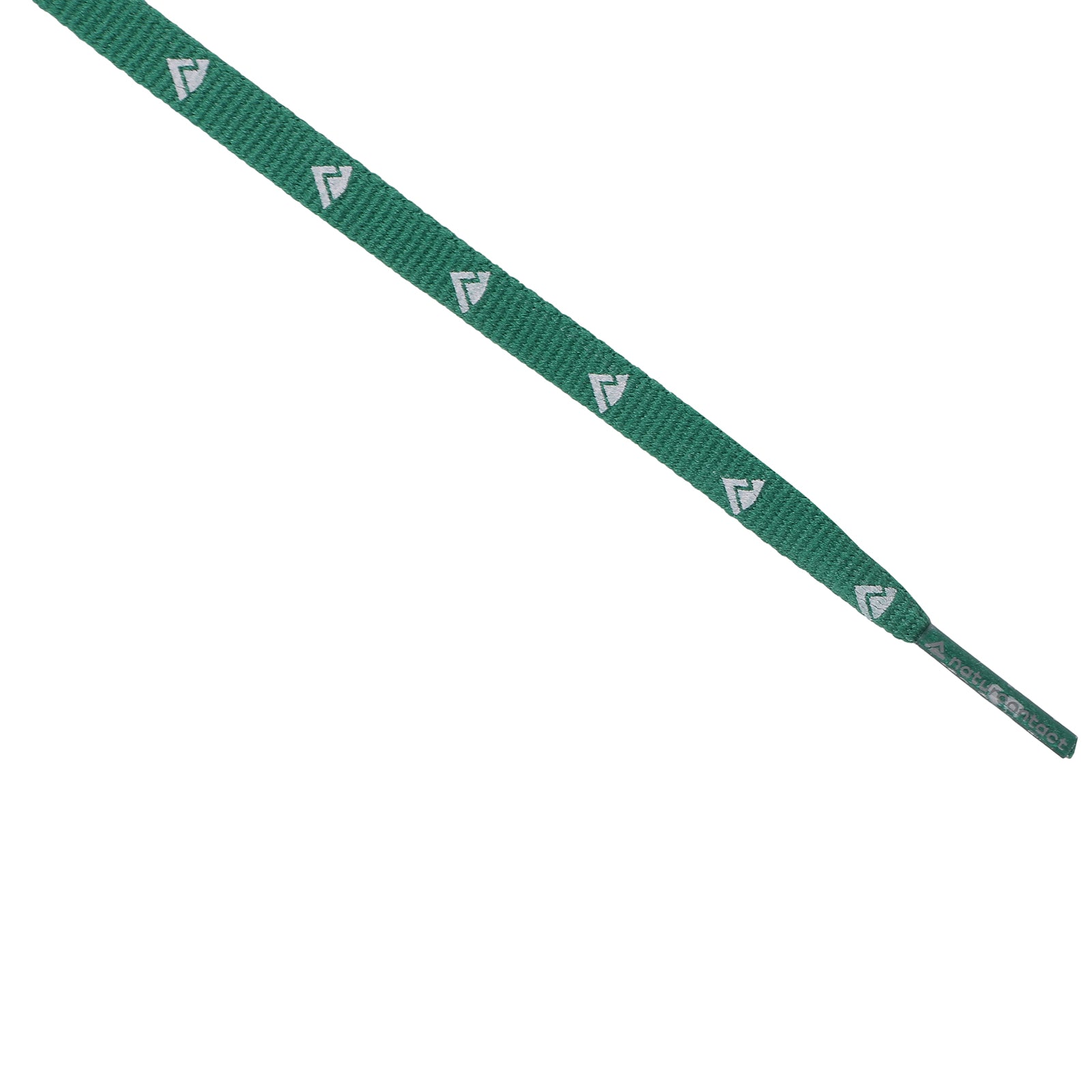 Green flat shoelace featuring a repeating white Naturcontact logo pattern and branded aglet