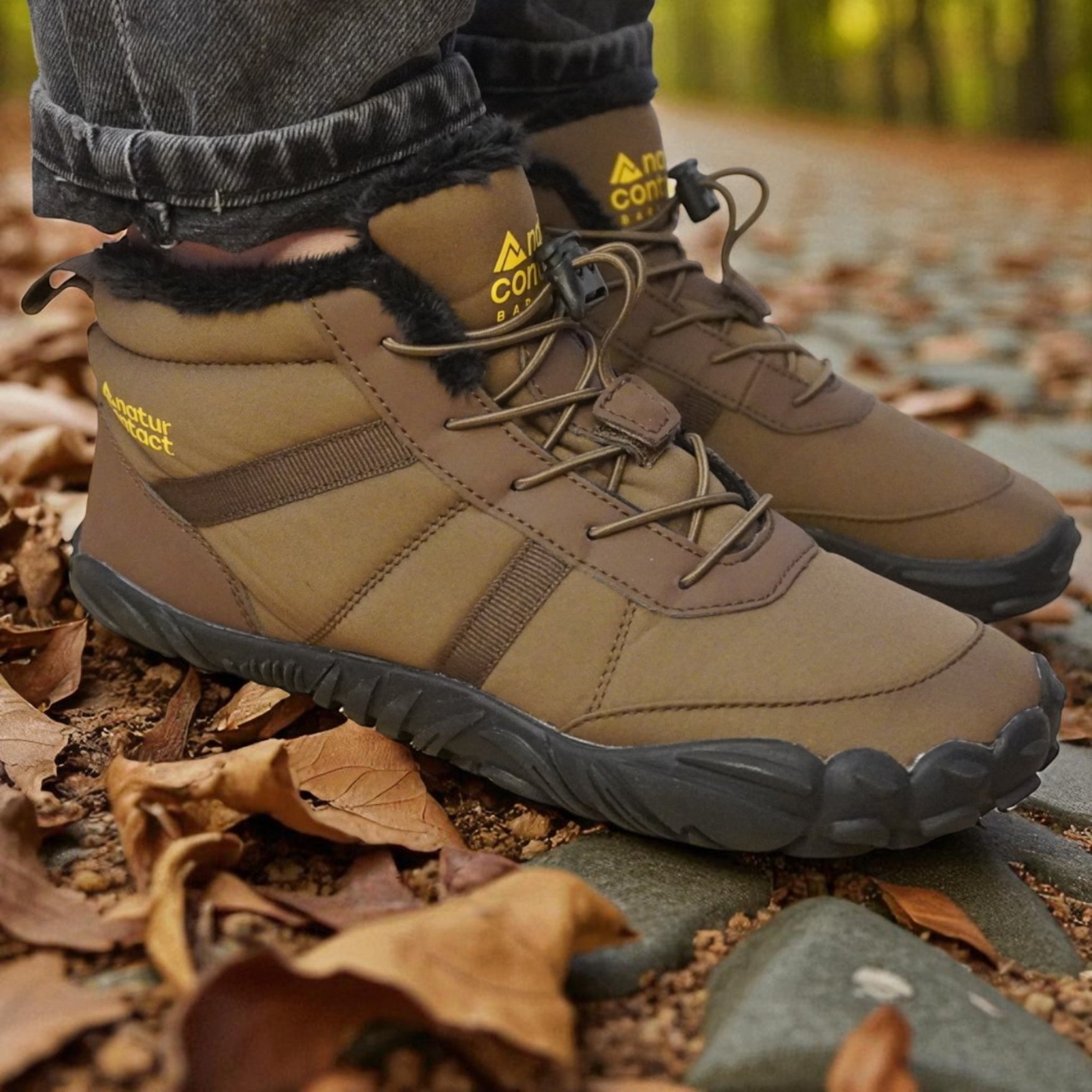 Brown hiking boots with visible brand logo on a forest floor.
