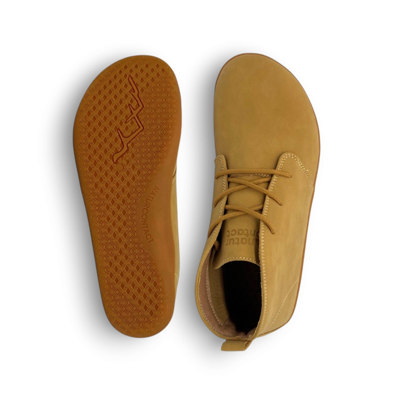 Naturcontact George barefoot shoe in Sand color, top view and flexible non-slip sole.