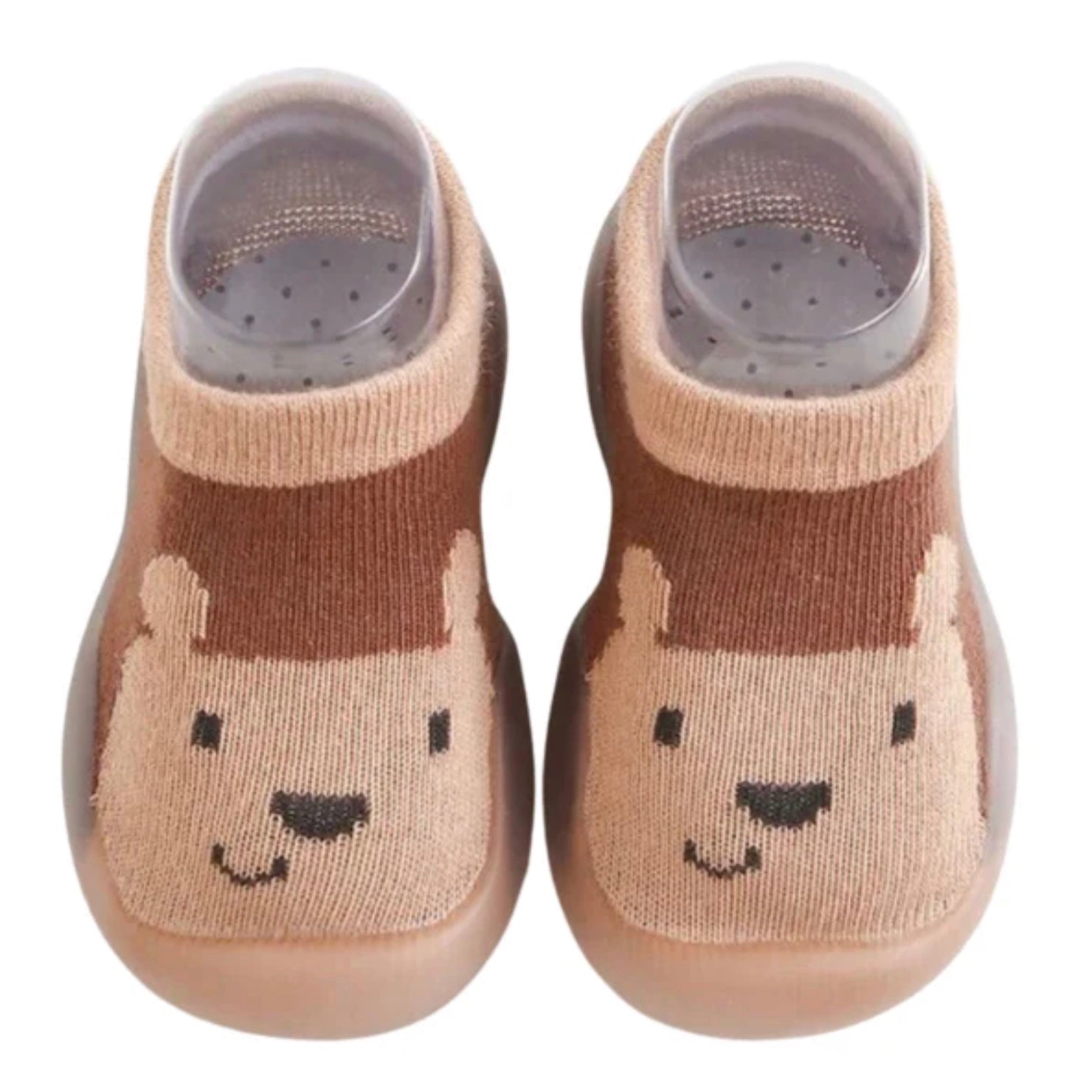 Pair of baby shoes with bear face design on a white background
