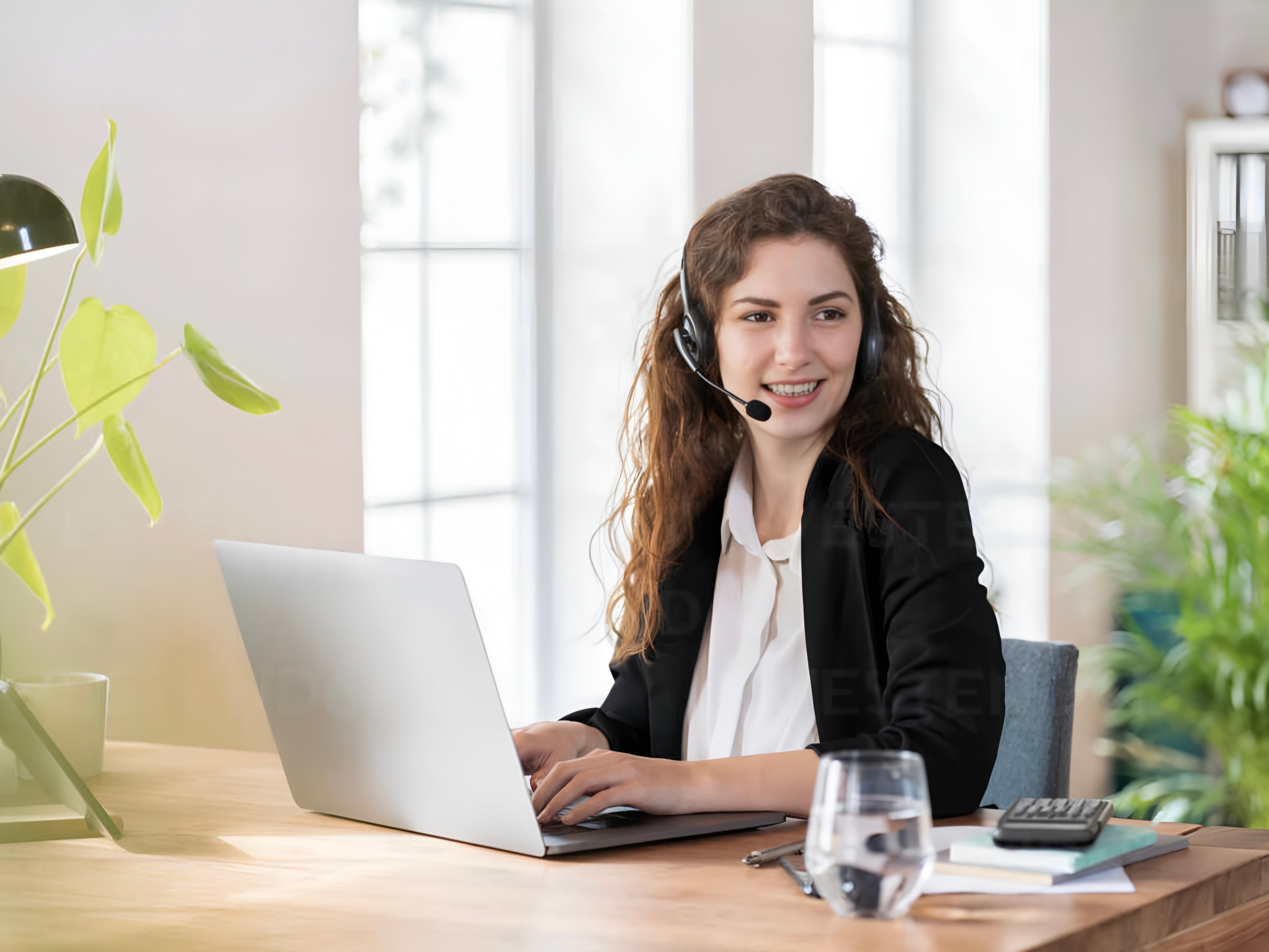 customer service agent in a office with plants working on a grey laptop on a wooden table