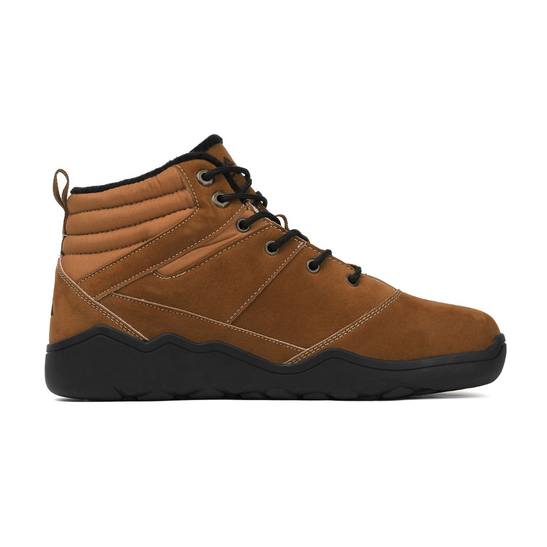 Gold winter barefoot shoe with black laces on a white background, featuring 'Naturcontact' branding. right side view.