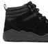Black winter barefoot shoe with black laces on a white background, featuring 'Naturcontact' branding. close-up side view.