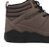 Dark brown winter barefoot shoe with black laces on a white background, close-up side view.
