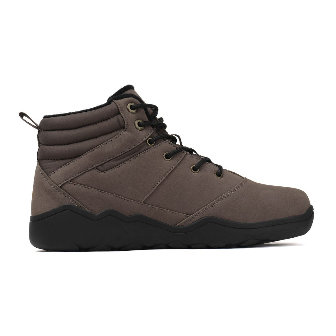 Dark brown winter barefoot shoe with black laces on a white background, right side view.

