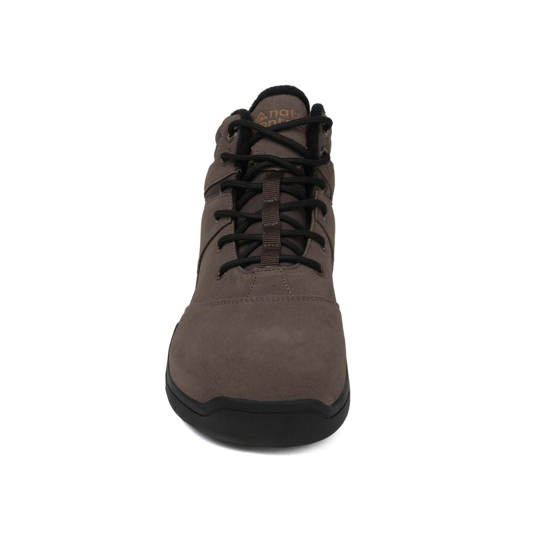 Dark brown winter barefoot shoe with black laces on a white background, featuring 'Naturcontact' branding. front view.