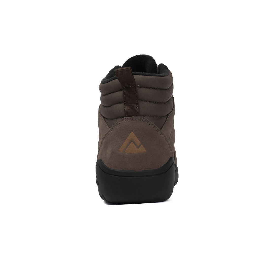 Dark brown winter barefoot shoe with black laces on a white background, with logo. rear view.

