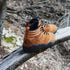 Pair of brown hiking boots with black soles on a wooden branch in a natural setting.