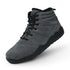 Grey winter barefoot shoe with black laces on a white background, featuring 'Naturcontact' branding. angled side view.