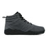 Grey winter barefoot shoe with black laces on a white background, right side view.