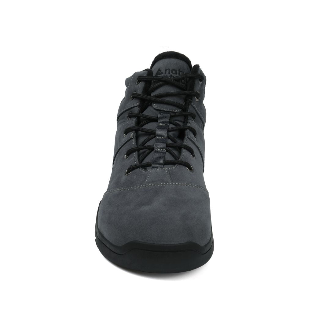 Grey winter barefoot shoe with black laces on a white background, featuring 'Naturcontact' branding. front view.