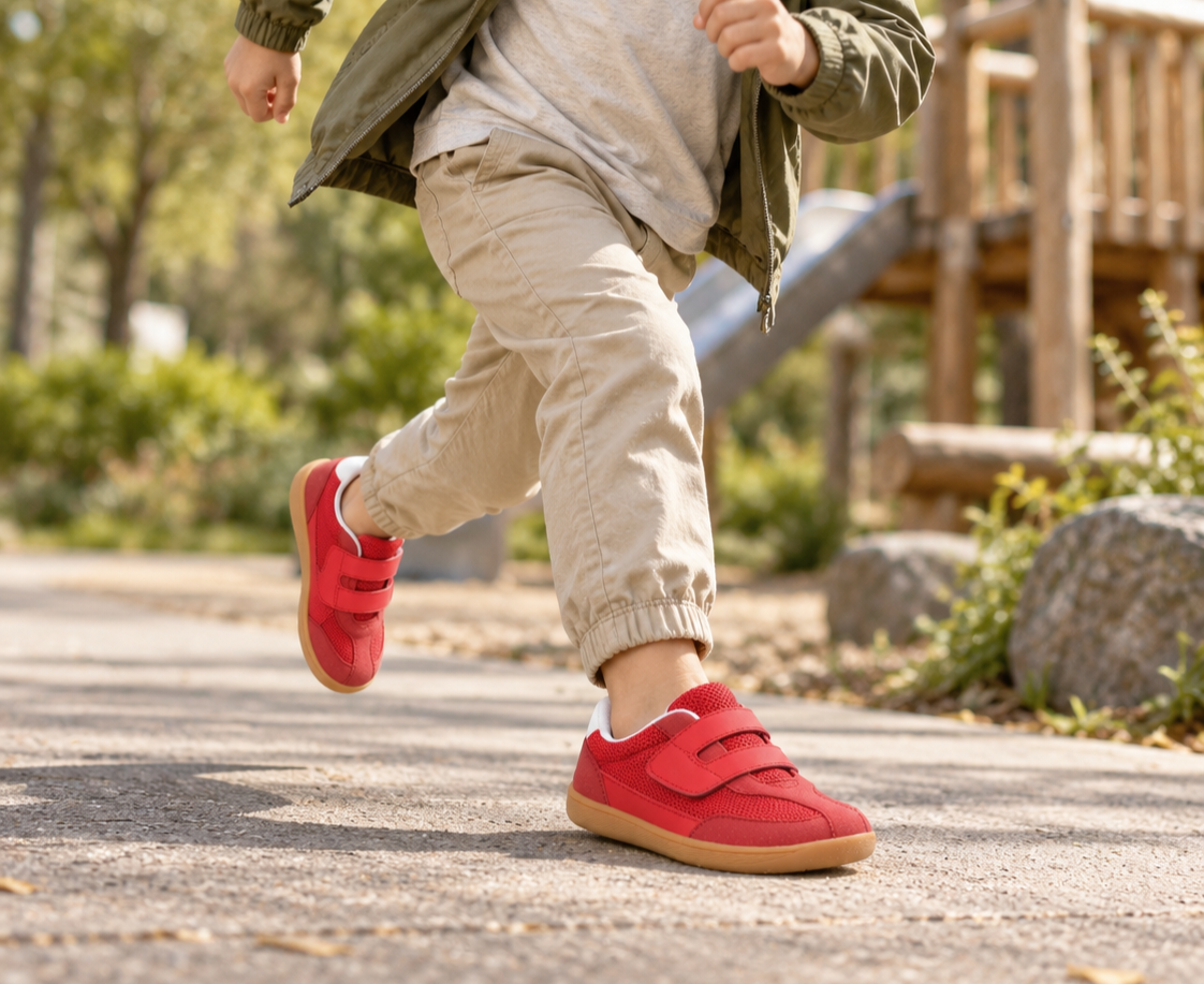 A child wearing bright red toddler barefoot sneakers with hook-and-loop straps and tan soles, running on a paved path at a playground.