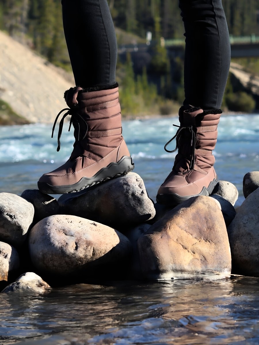 Brown winter barefoot boots for hiking and outdoor 