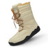 Beige winter boot with brown laces and black sole on a white background