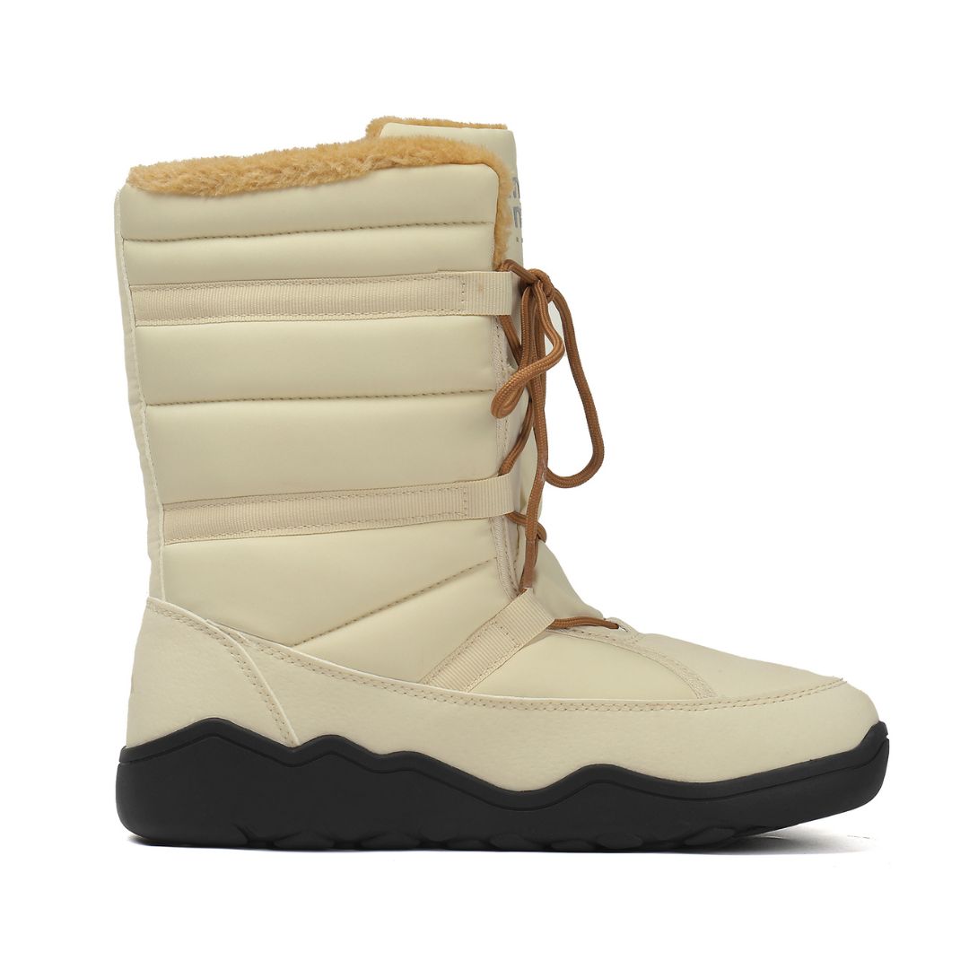 Beige winter boot with brown laces on a white background