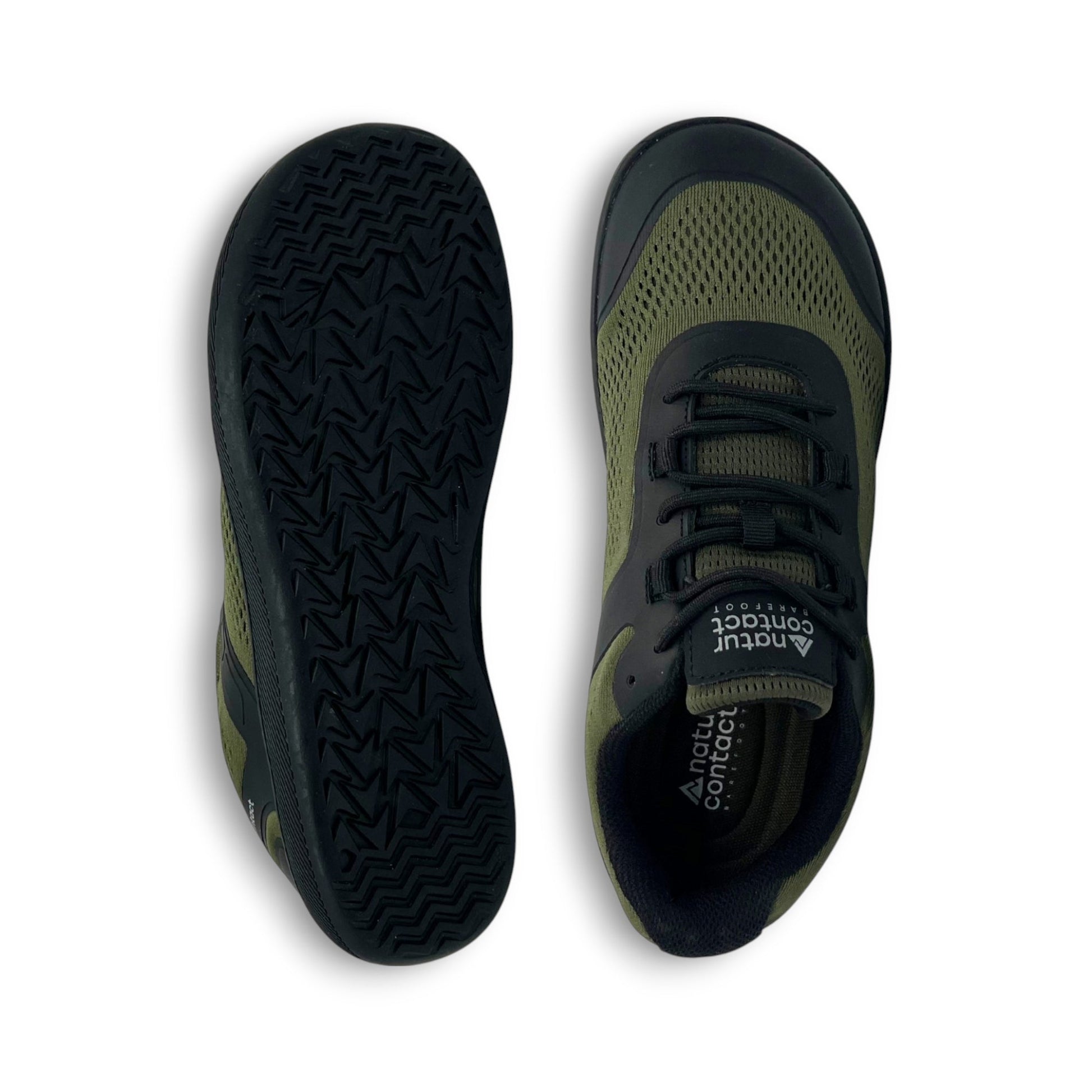 Military green daily barefoot shoes  black sole details top and bottom views