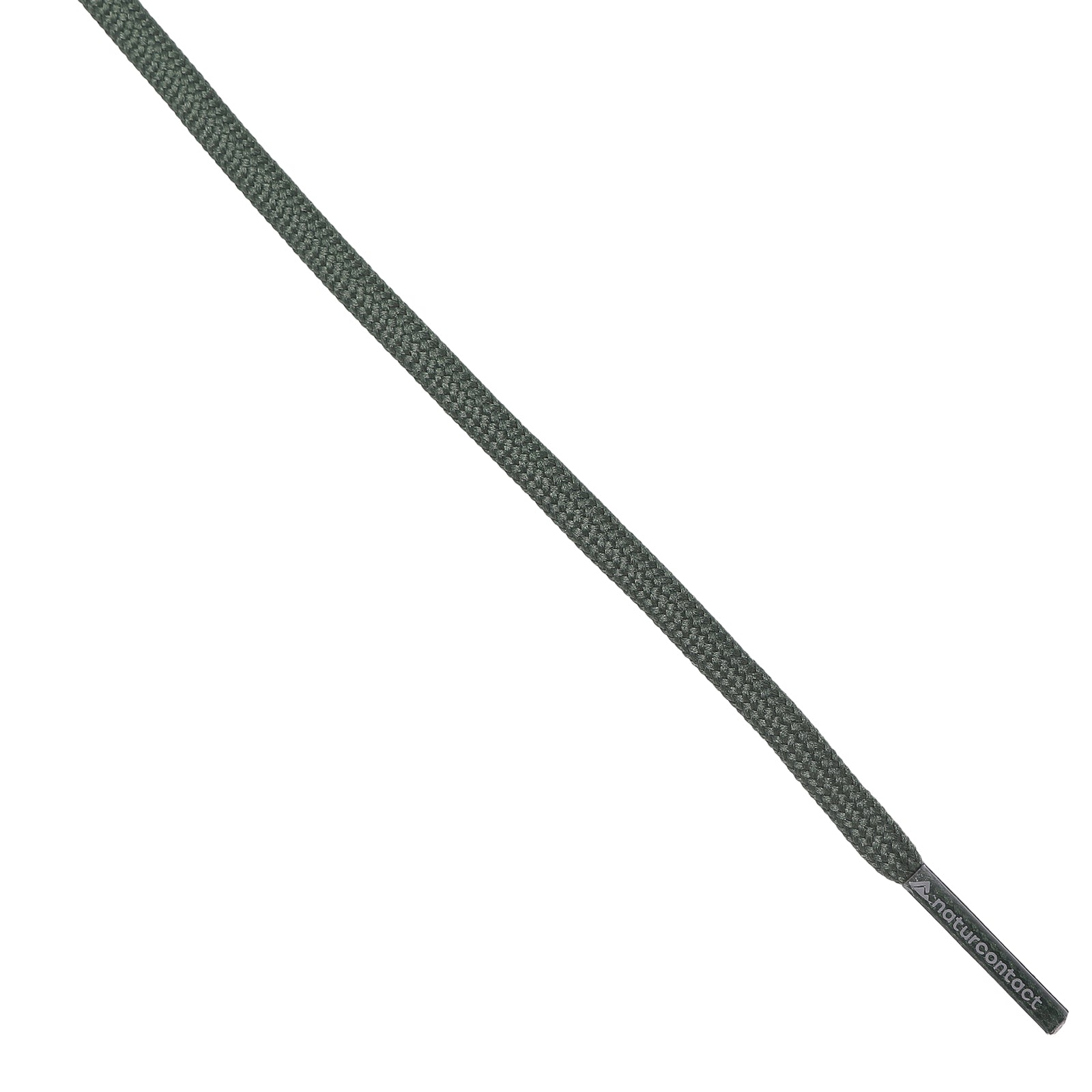 Detailed view of a tightly woven dark green shoelace showing the textured braid and printed aglet tip.