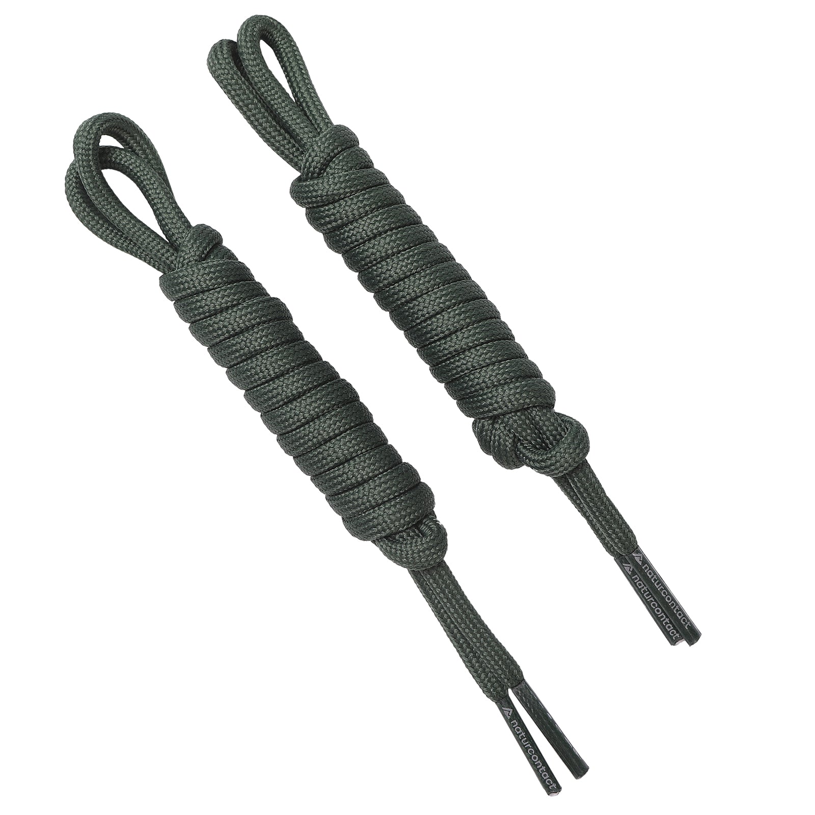 Pair of coiled dark green round braided shoelaces with Naturcontact-branded aglets.