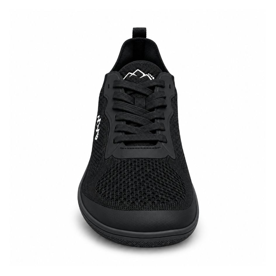 Front view of black Naturcontact Aramid Contact 2.0 barefoot trainers with black laces, breathable toe box and low-profile sole.