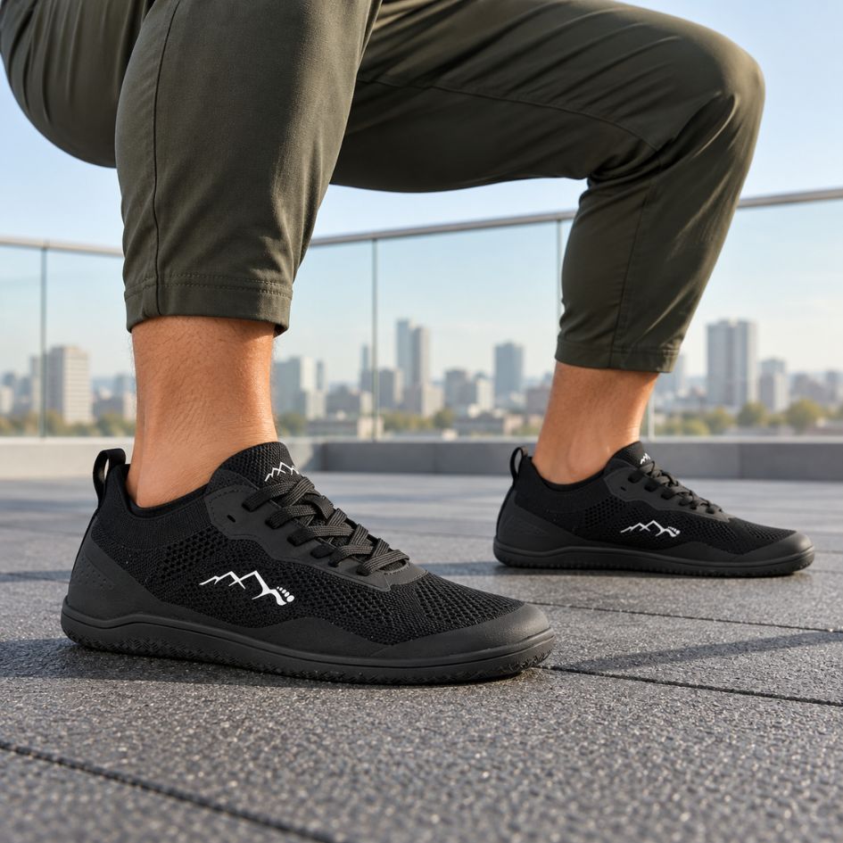 Black Naturcontact Aramid Contact 2.0 barefoot trainers worn with olive trousers outdoors in an urban rooftop setting.