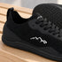 Black Aramid Contact 2.0 barefoot trainers displayed as a pair on a wooden surface, showing the knit upper and patterned black sole.