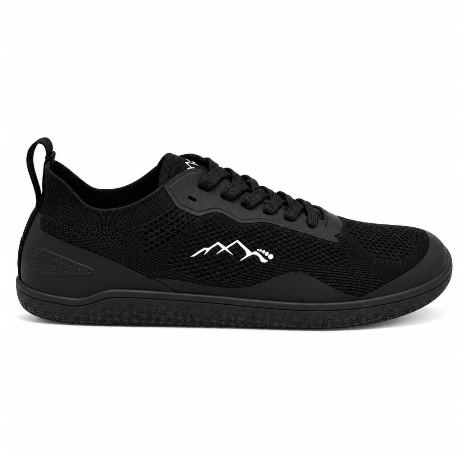 Side profile of black Naturcontact Aramid Contact 2.0 barefoot shoes featuring the white mountain logo, perforated mesh and flexible black sole.