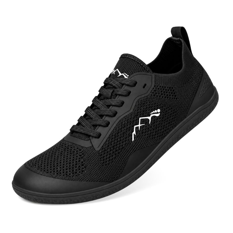 Three-quarter view of black Naturcontact Aramid Contact 2.0 barefoot trainers with breathable knit upper, white mountain logo and flexible black outsole.