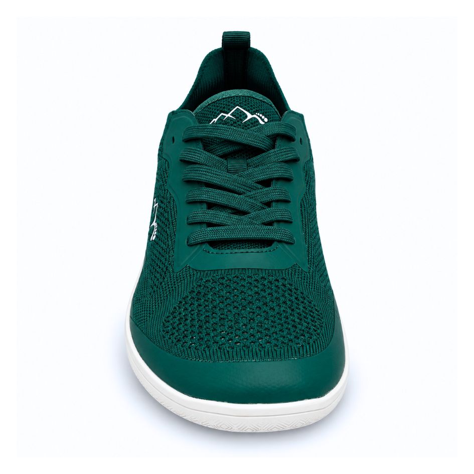 Front view of forest green Naturcontact Aramid Contact 2.0 barefoot trainers with green laces, breathable perforated toe box and low-profile sole.