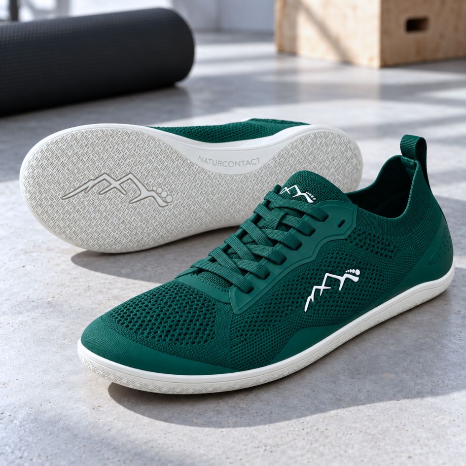 Forest green Naturcontact Aramid Contact 2.0 barefoot trainers displayed on a floor with one shoe showing its textured light-coloured outsole.