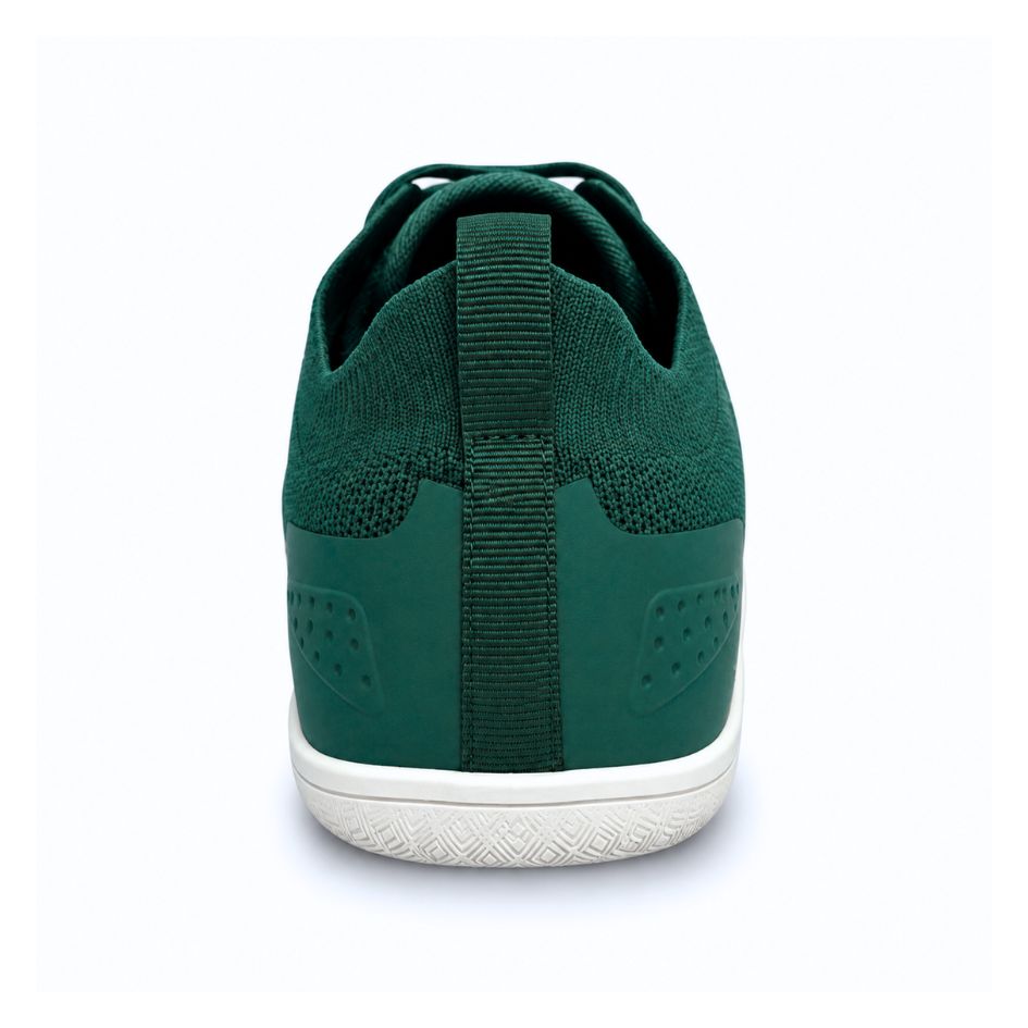 Rear view of forest green Aramid Contact 2.0 barefoot trainers showing the heel pull loop, vertical heel panel and light rubber outsole.