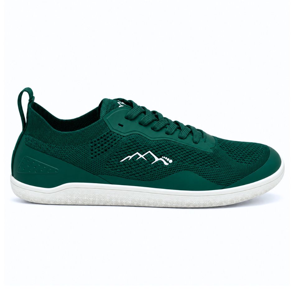 Side profile of forest green Naturcontact Aramid Contact 2.0 barefoot shoes featuring a breathable mesh upper, mountain logo and flat light-coloured sole.