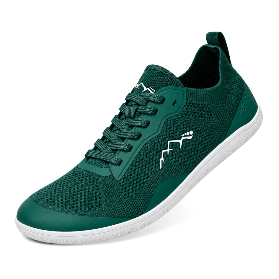 Three-quarter view of Naturcontact Aramid Contact 2.0 barefoot trainers in forest green, showing the lace-up mesh upper, white mountain logo and light flexible outsole.