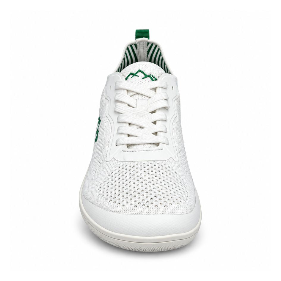 Front view of Naturcontact Aramid Contact 2.0 white barefoot trainers showing white laces, a wide mesh toe box and green tongue branding.
