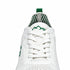 Close-up of white Aramid Contact 2.0 barefoot trainers showing white laces, green tongue branding and breathable perforated material.
