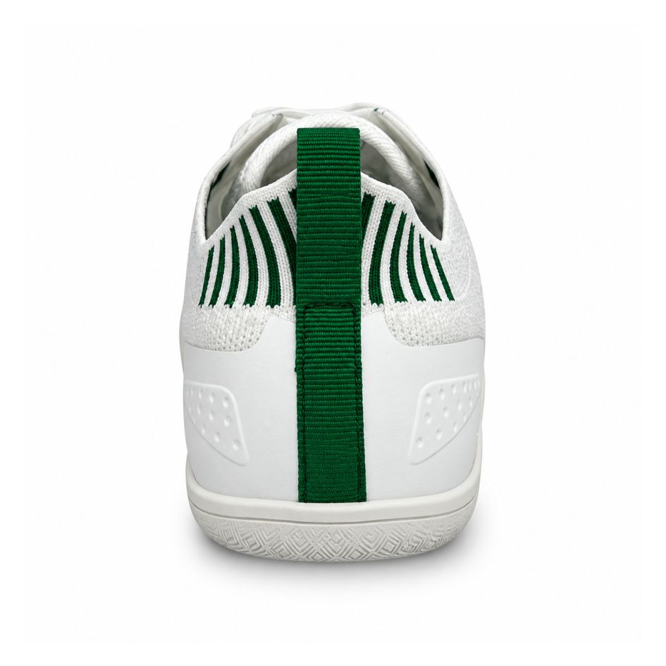 Rear view of white and green Aramid Contact 2.0 barefoot trainers showing the green heel pull tab, striped collar and white outsole.