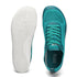 Teal barefoot running shoe with wide toe box and white sole on a white background