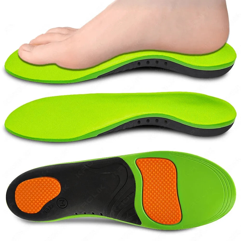 A pair of green Arch Contact insoles designed for barefoot shoes, showing the top surface with arch support and the bottom surface with tread.