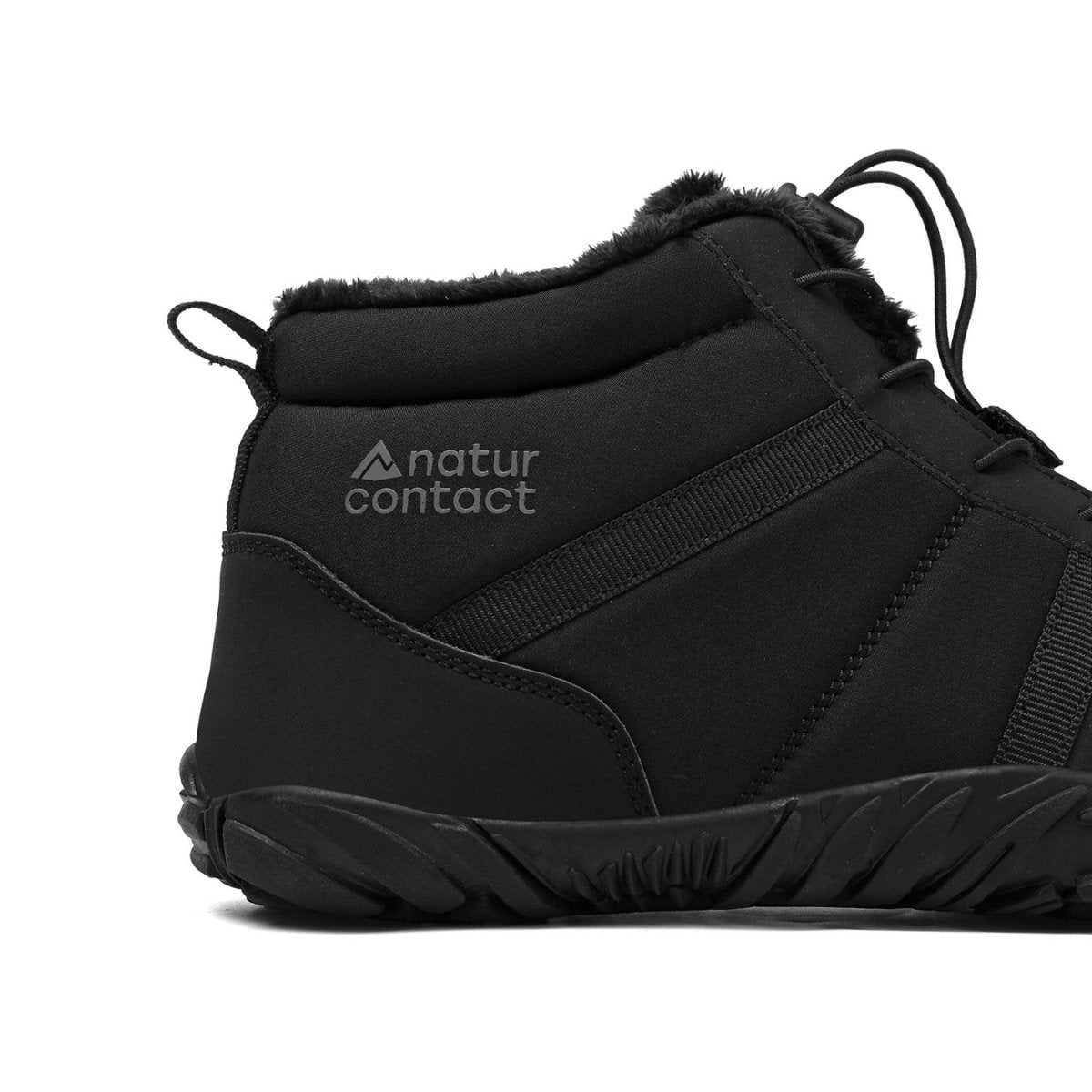 Naturcontact Arctic Contact 4.0 black barefoot winter boots side view highlighting logo and insulated ankle collar