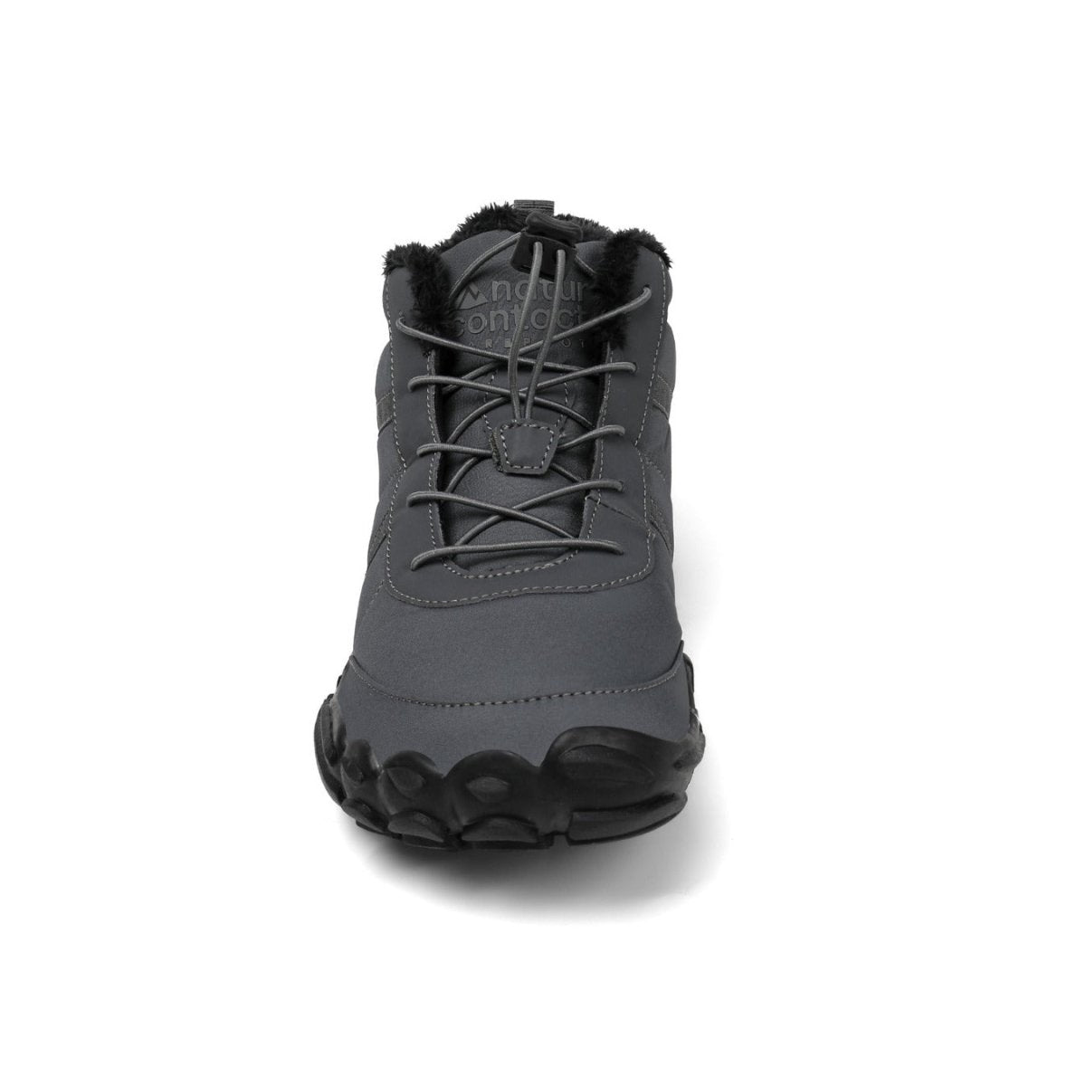 Naturcontact Arctic Contact 4.0 grey barefoot winter boots front view showing wide toe box, quick-lace system, and insulated collar