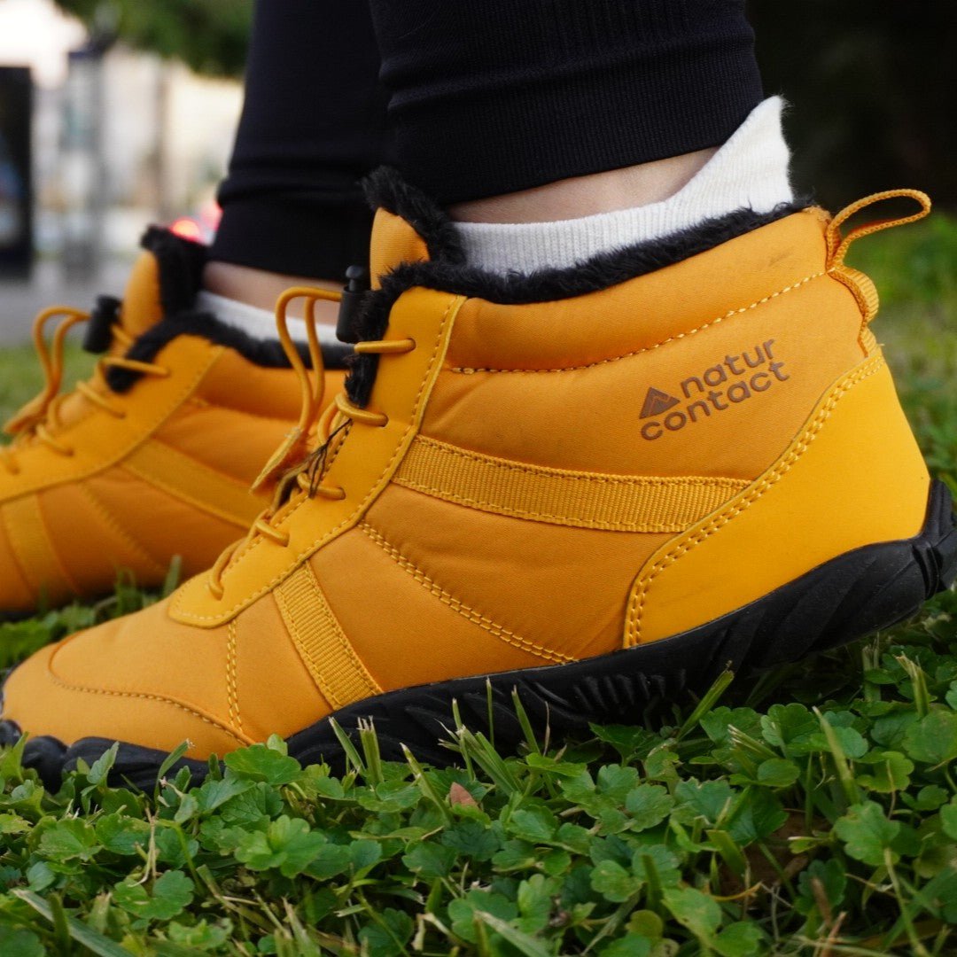 Naturcontact Arctic Contact 4.0 yellow barefoot winter boots side detail with flexible sole and insulated lining