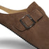 Brown barefoot suede clog with a buckle with naturcontact logo on a white background