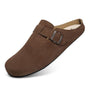 Brown suede barefoot clog shoe with a buckle on a white background