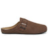 Brown barefoot suede clog shoe with a buckle on a white background side view