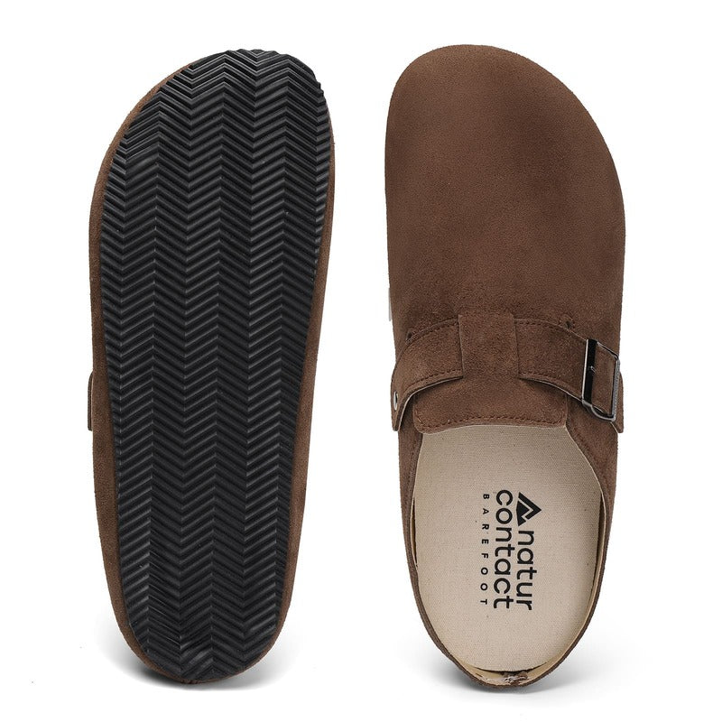 Taupe Brown barefoot suede clog with black sole on a white background