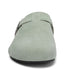 green barefoot suede clog shoe on a white background front view