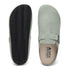 sage green barefoot suede clog with a strap and 'natur contact' branding on a white background