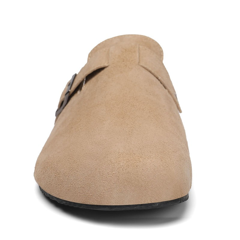 Beige sand barefoot suede clog with a strap on a white background